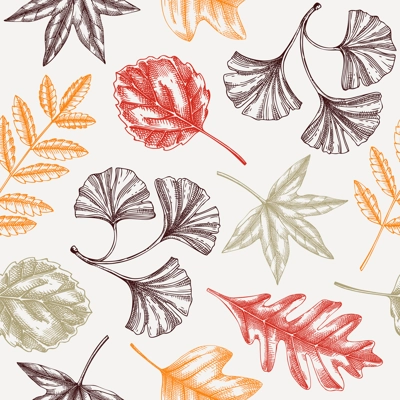 Autumn seamless pattern with fall leaves and dried flowers sketches. Thanksgiving background. Vector dried plants, falling leaves, mushrooms backdrop. Foliage illustration